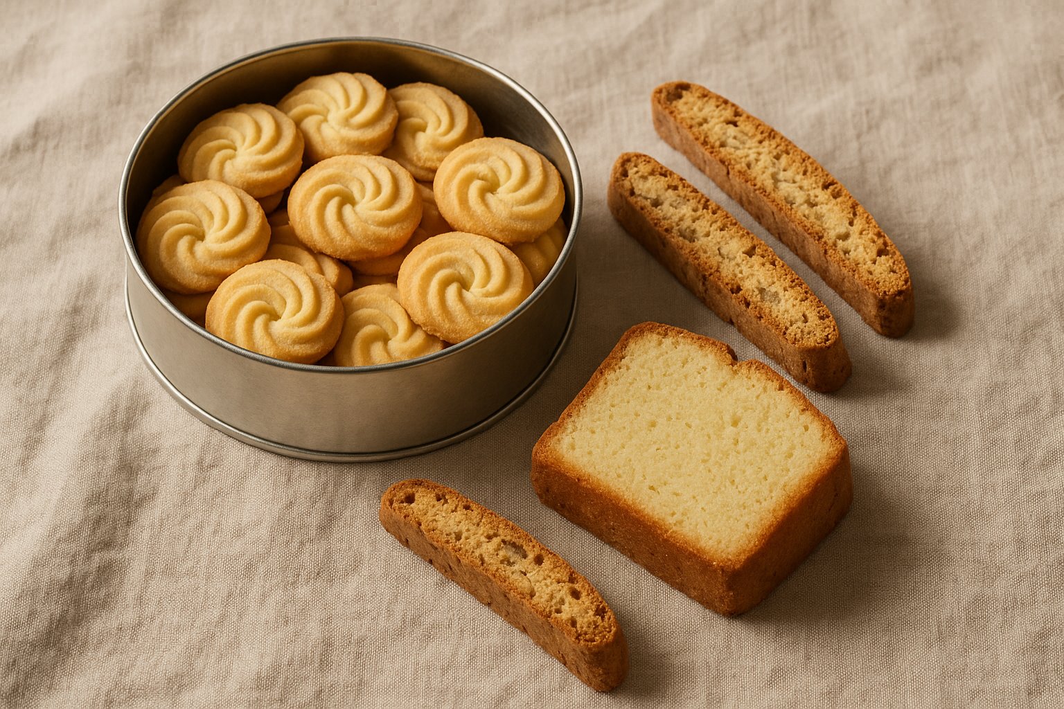 生成りの布に並べたクッキー缶と焼き菓子